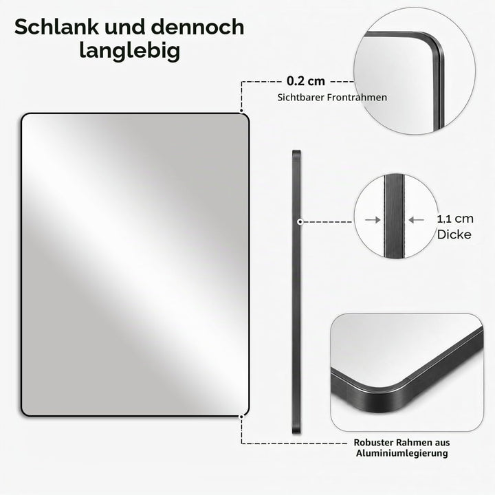 Schwarzer Rahmenspiegel 50 x 70 cm, rechteckiger Badezimmer-Wandspiegel, hängend horizontal/vertikal