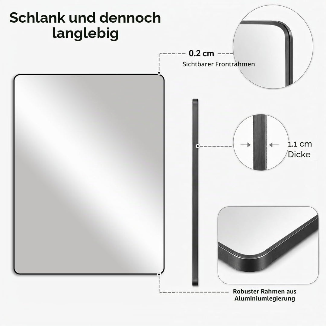 Schwarzer Rahmenspiegel 40 x 60 cm, rechteckiger Badezimmer-Wandspiegel, hängend horizontal/vertikal