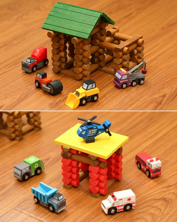 SainSmart Jr. Holzfahrzeuge Set (10 Stück), Spielzeug Autos mit Feuerwehr, Polizei, Krankenwagen &amp; B