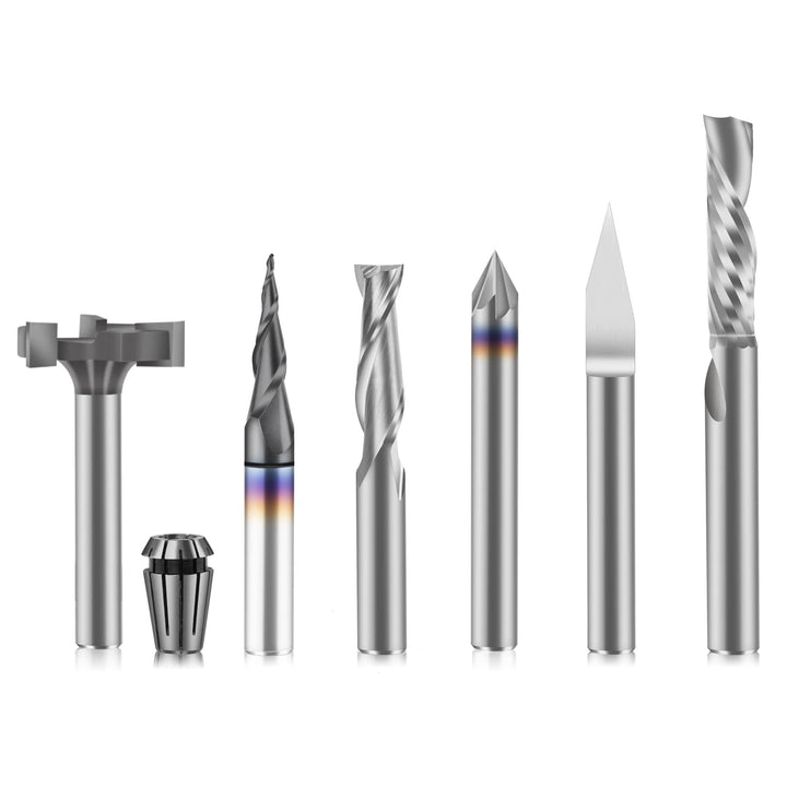 FoxAlien 1/4 Zoll Schaft CNC Fräser Bit Essential Kit, 1/4 Zoll ER11 Spannzange, V-Bit, Schaftfräser