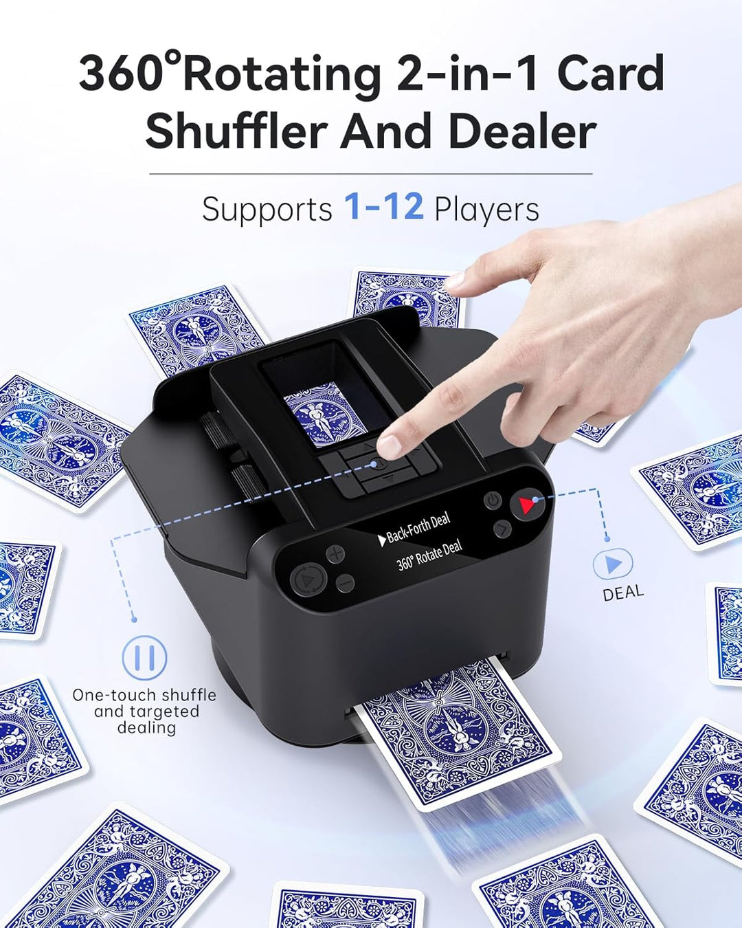 Automatischer Kartenmischer und Dealer 2-in-1, 2 Deck 360° Rotierende Dealing-Maschine für 12 Spiele