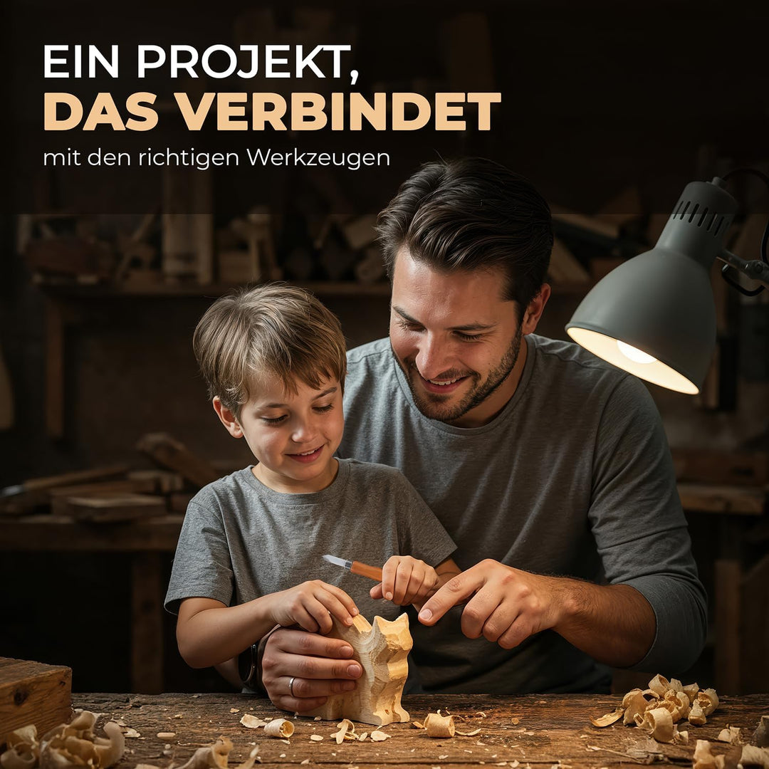 HOLZWURM Holz-Schnitzwerkzeug Set 12-tlg, inkl. Tasche, Anleitung & Abziehstein, ideales Schnitzmess