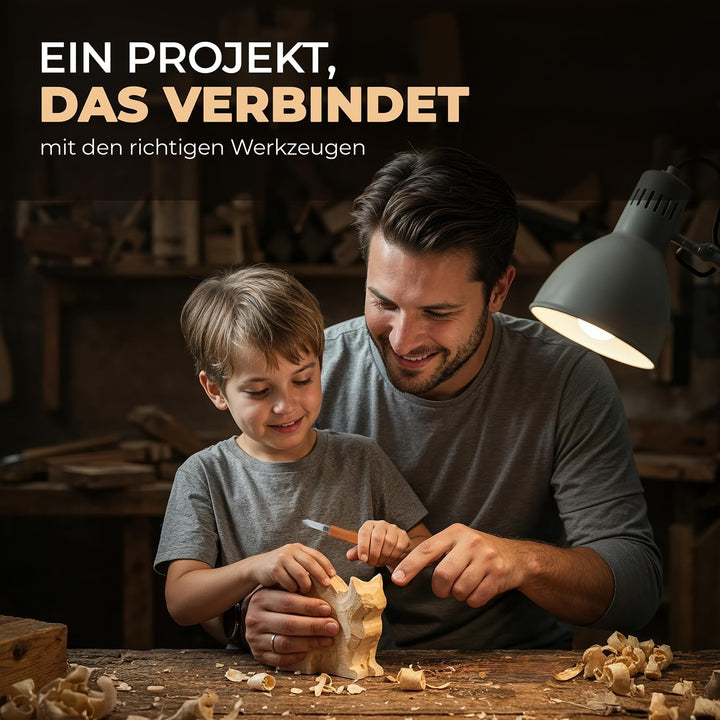 HOLZWURM Holz-Schnitzwerkzeug Set 12-tlg, inkl. Tasche, Anleitung & Abziehstein, ideales Schnitzmess