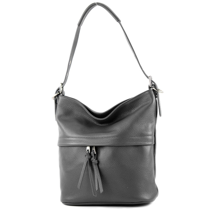 modamoda de - T178 - ital. Umhängetasche Schultertasche aus Leder Graphitgrau, Graphitgrau