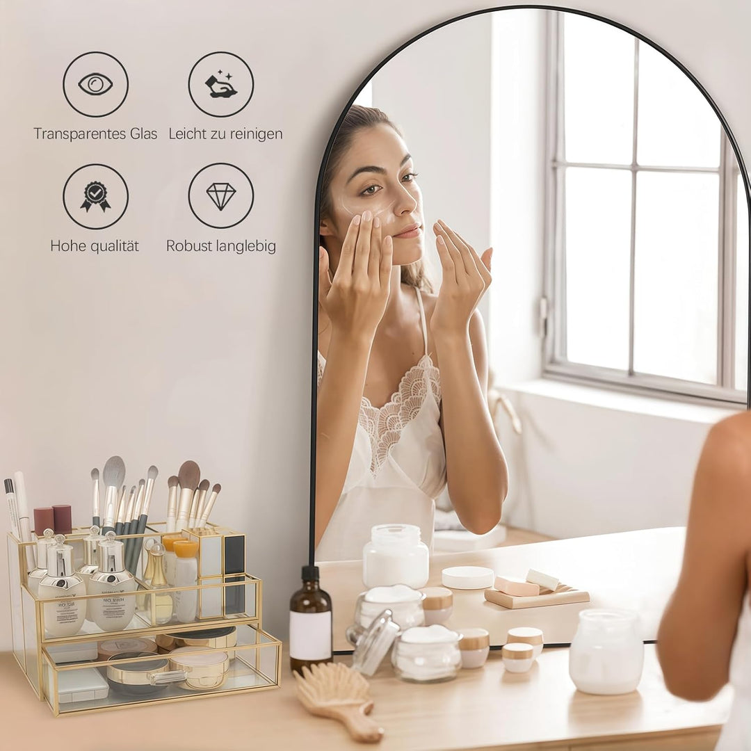 HARLIANGXY Kosmetik Organizer mit schubladen, Make up Organizer Gold, Make up Pinselhalter Glas, Bea