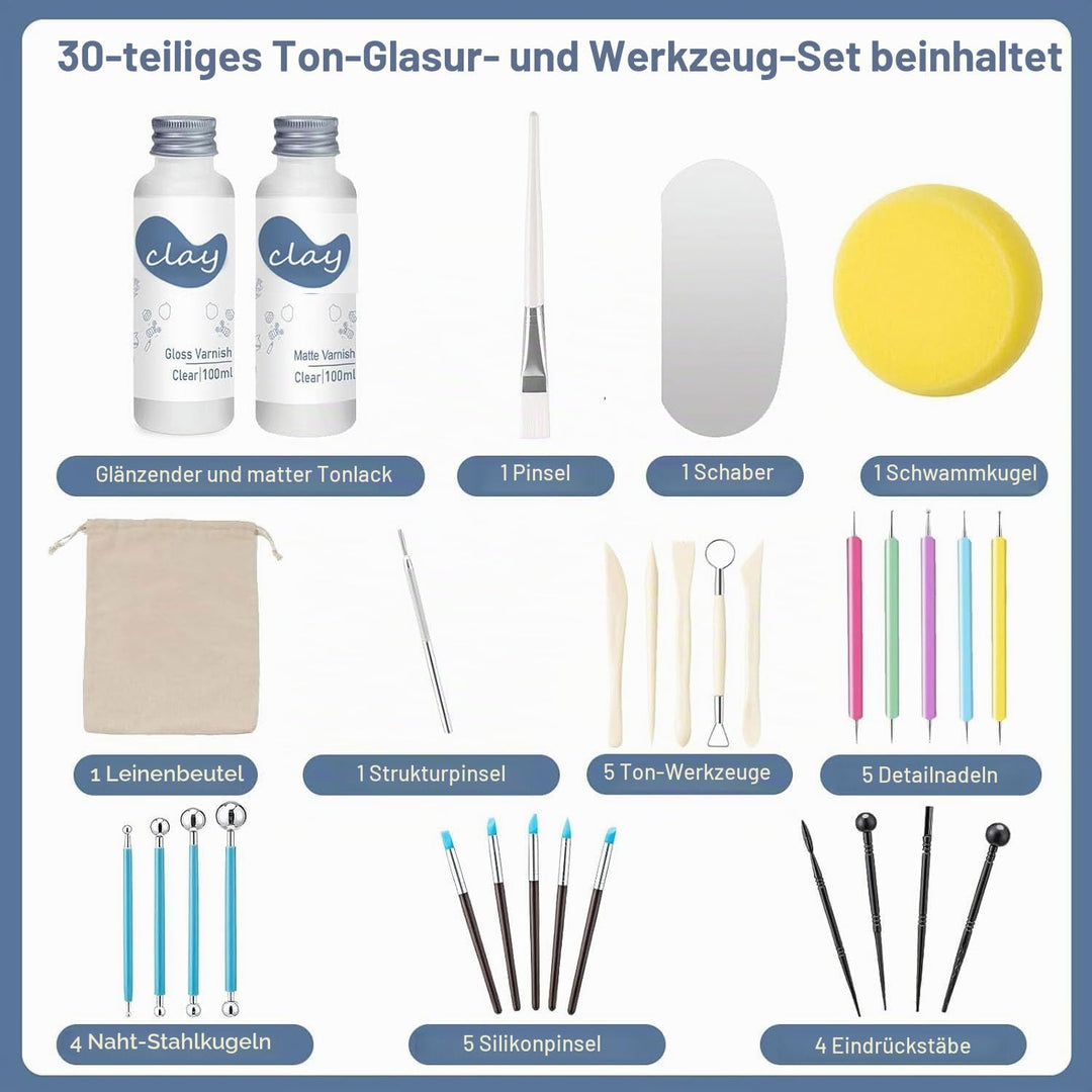 30Pcs lufttrocknendem Ton Glasur mit Ton Werkzeug Set, 2 x 100ml Clay Varnish für Hoher Glanz, Kratz