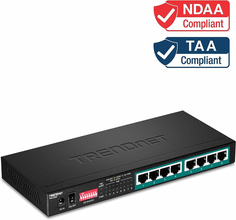 TRENDnet 8-Port Gigabit Langstrecken PoE+ Switch, 8 x PoE+ Ports, Langstrecken PoE+ erweitert Reichw