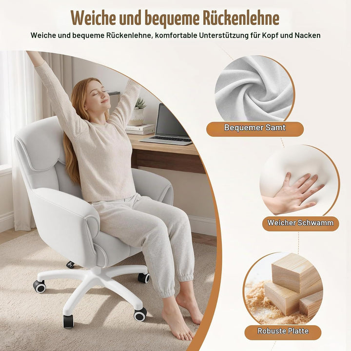 Ergonomischer Bürostuhl Samt 360°Drehen Schminktischstuhl Weiss | Höhenverstellbar,360°Drehfunktion,