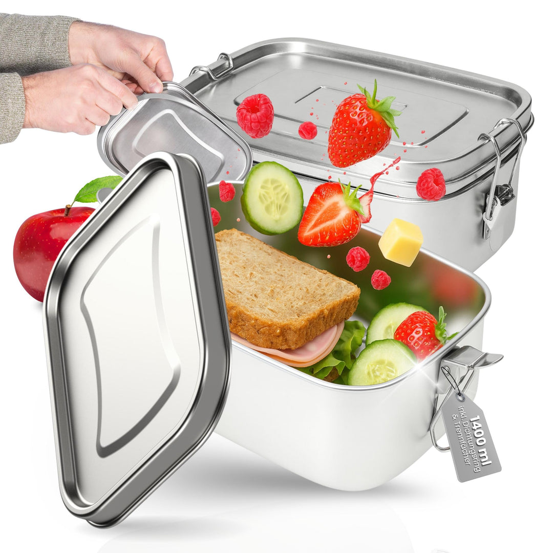 Lunchbox Edelstahl 1400 ml - Robuste Brotdose für Kinder &amp; Erwachsene inkl. Dichtungsring - BPA-frei