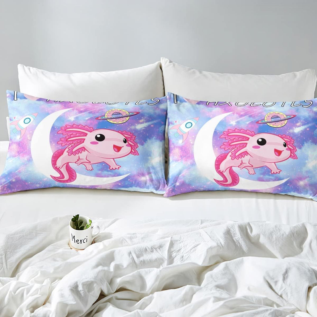 Loussiesd Kawaii Axolotl Betten Set Karikatur Axolotl Rosa Lila Galaxis Bettwäsche Set 135x200cm 3D