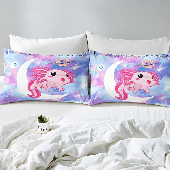 Loussiesd Kawaii Axolotl Betten Set Karikatur Axolotl Rosa Lila Galaxis Bettwäsche Set 135x200cm 3D