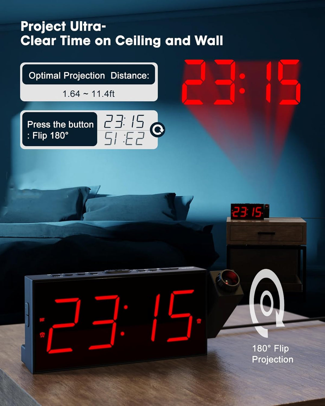 Projektionswecker für Schlafzimmer, digitaler wecker mit grosser 7" LED-Anzeige, Dimmer, 350° Projek
