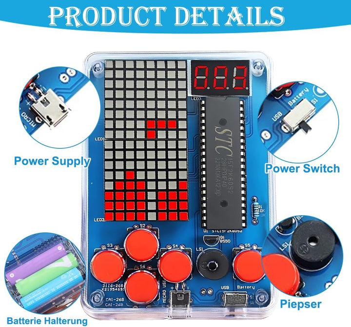 DIY Spielekonsole Löten Bausatz, DIY Spielkonsolen Handset mit Acrylgehäuse, Elektronik Baukasten Ga