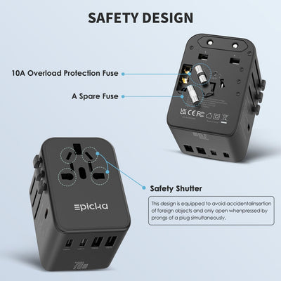 EPICKA Reiseadapter Weltweit, GaN Universal Reisestecker 70W PD Schnellladegerät, Travel Adapter mit
