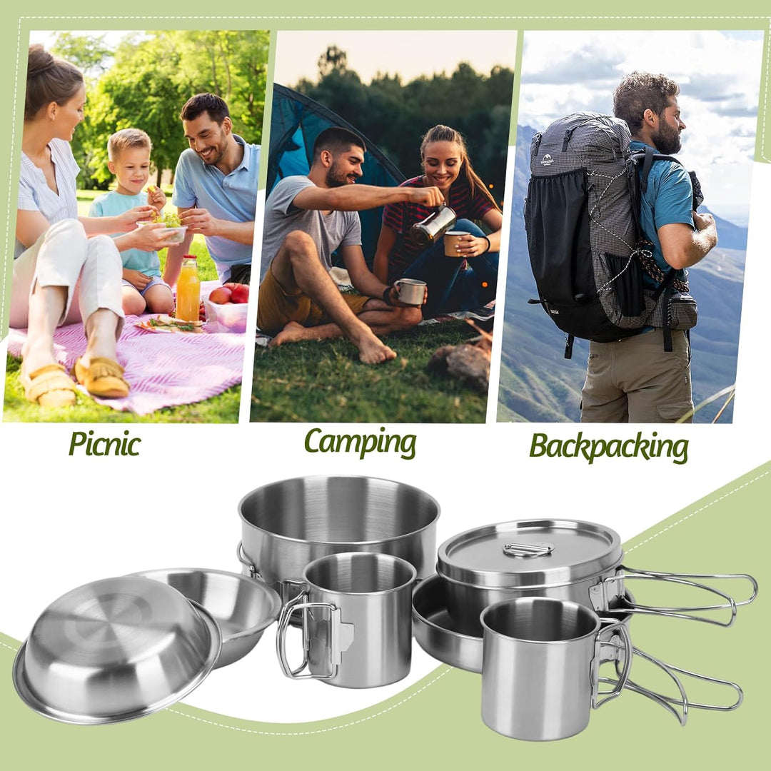 Rucksack Camping Kochgeschirr, 304 Edelstahl Mini-Picknick-Camping Kochset mit Topf und Pfannenset f