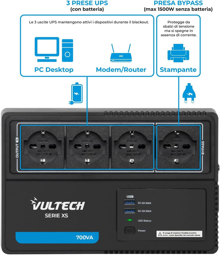 VulTech UPS700VA-XS UPS Steckdosenleiste 700VA/390WA, unterbrechungsfreie Stromversorgung, Line-Inte