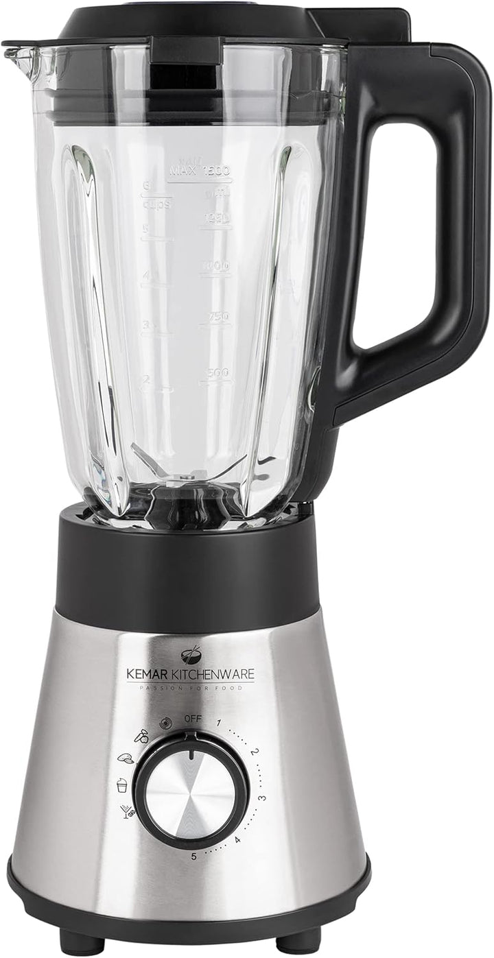 KeMar Standmixer 2-in-1 Edelstahl silber - 1,5l Glasbehälter 5 Programme 1000W abnehmbare Klinge - S