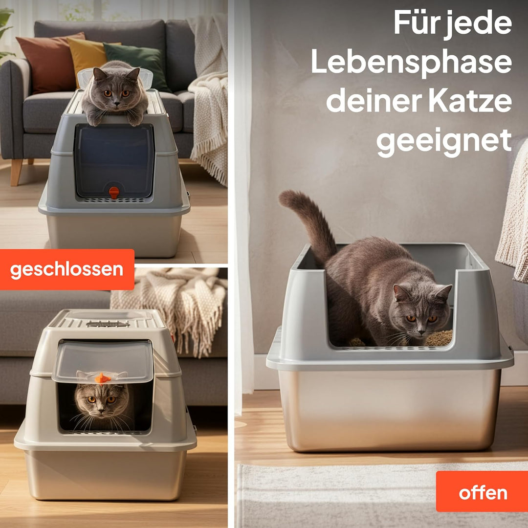 Katzenklo Katzentoilette Edelstahl - Premium XXL Katzenklo mit Deckel, Hochwertige Edelstahl Wanne,