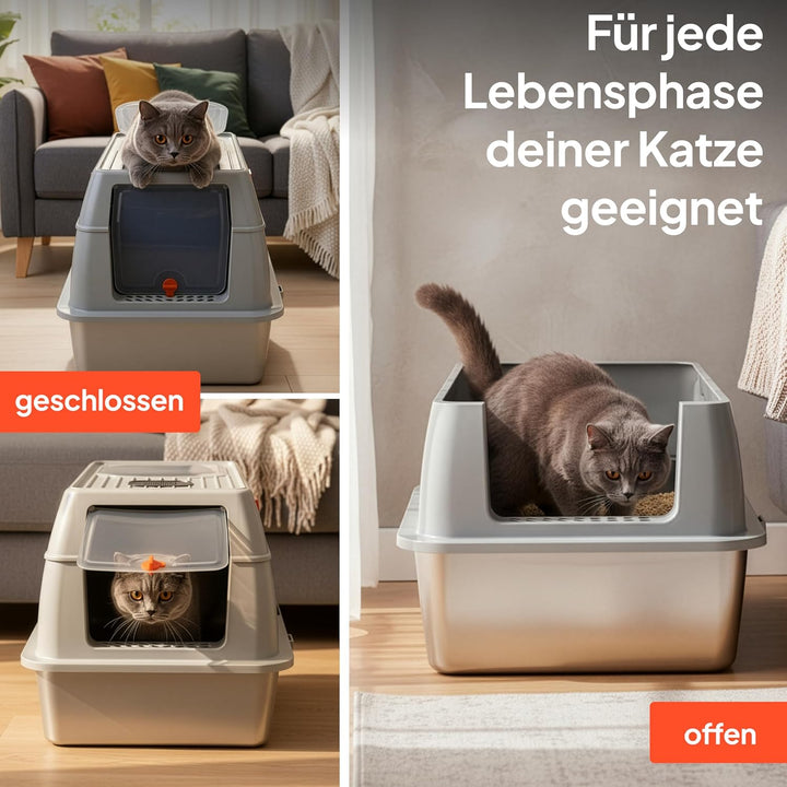 Katzenklo Katzentoilette Edelstahl - Premium XXL Katzenklo mit Deckel, Hochwertige Edelstahl Wanne,
