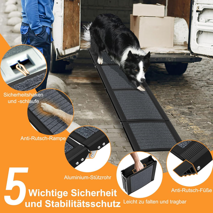 157 cm Klappbare Hundetreppe für Auto & LKW, Aluminium Hunderampe mit Rutschfester Oberfläche, Tragb