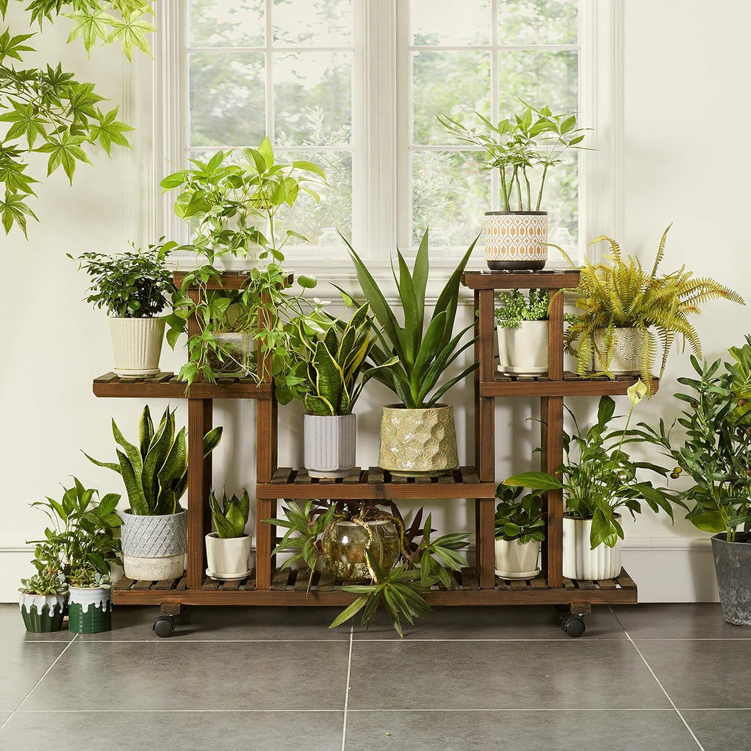 Yaheetech Pflanzenregal mit Rädern, Vierstufiges Blumenregal Balkon, Blumenständer, Blumentreppe, Ma