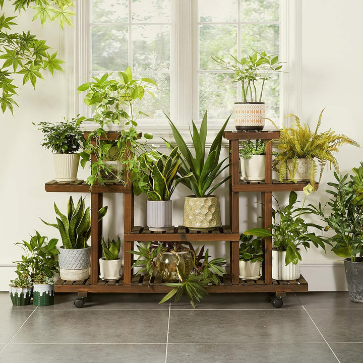 Yaheetech Pflanzenregal mit Rädern, Vierstufiges Blumenregal Balkon, Blumenständer, Blumentreppe, Ma