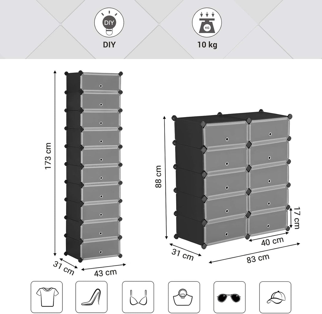 SONGMICS Schuhregal mit 10 Ebenen, Steckregal, Regalsystem, Schuh-Organizer, DIY-Regal, mit Tür, aus