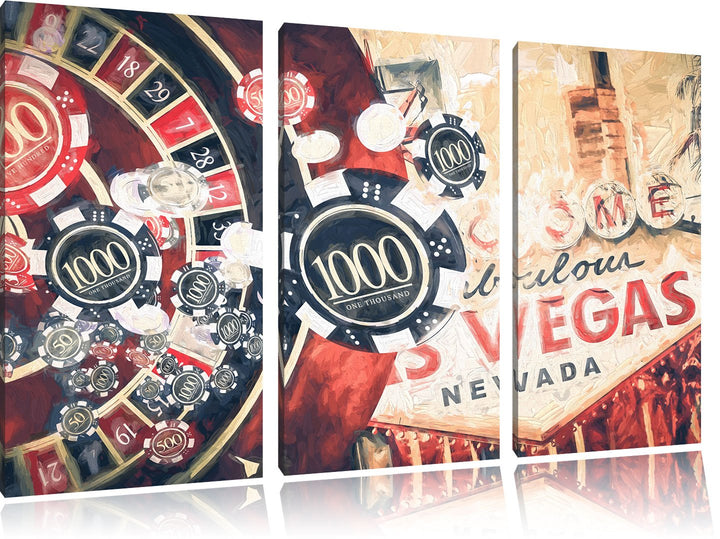 Pixxprint Las Vegas Casino Roulette Kunst Pinsel Effekt 3-Teiler Leinwandbild 120x80 Bild auf Leinwa