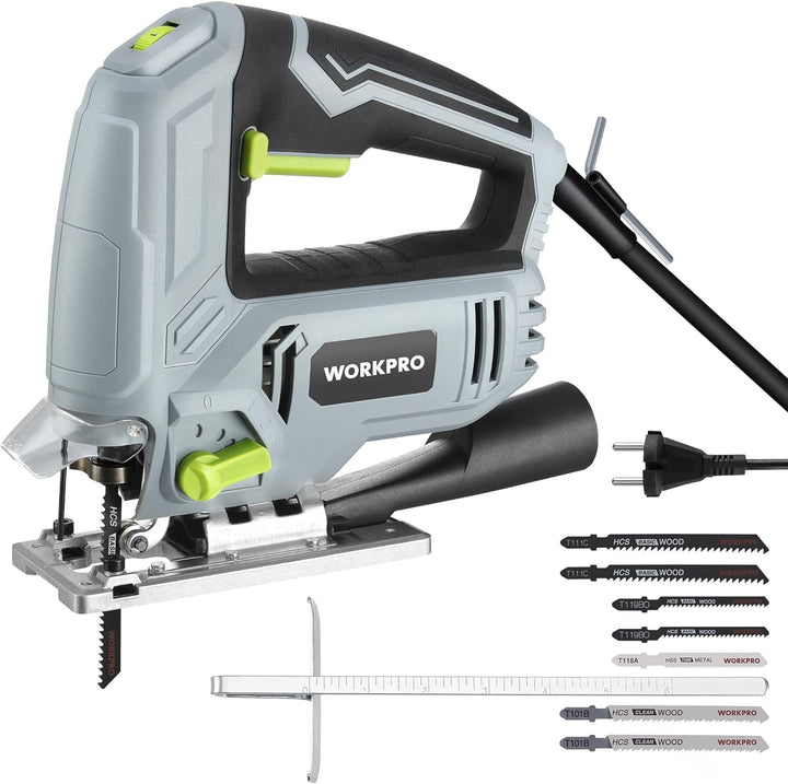 WORKPRO Stichsäge 600W, 3000 SPM mit 6 Geschwindigkeiten & 4 Orbitalpositionen, Schnellem Klingenwec