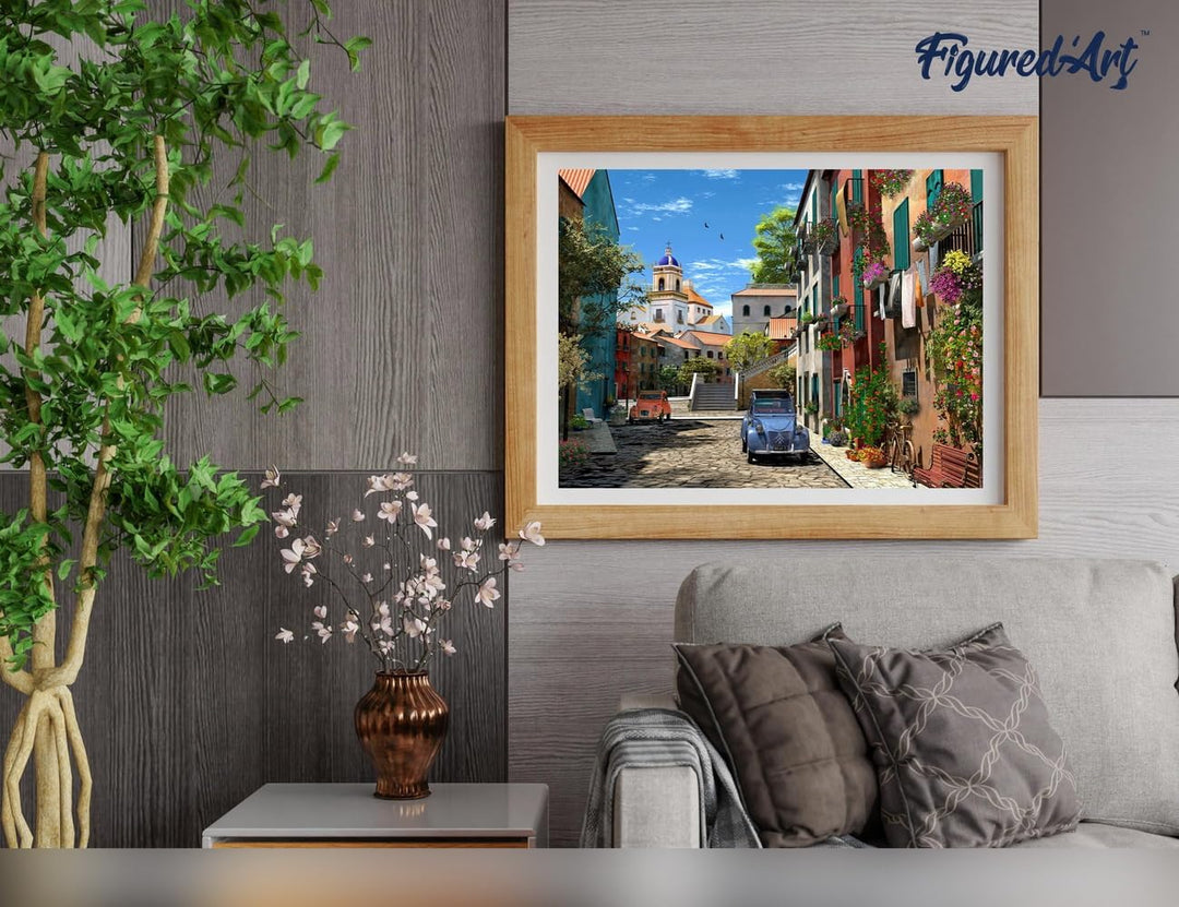 Figured'Art Malen Nach Zahlen Erwachsene Mit Rahmen Gasse mit 2CV - Paint by Numbers Basteln DIY Bas