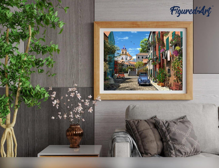 Figured'Art Malen Nach Zahlen Erwachsene Mit Rahmen Gasse mit 2CV - Paint by Numbers Basteln DIY Bas