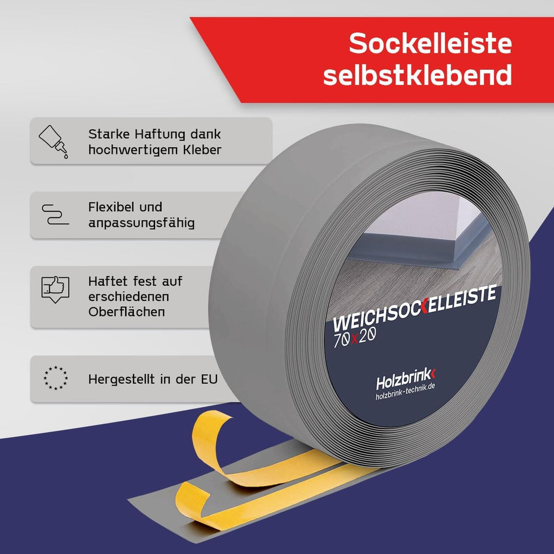 HOLZBRINK Weichsockelleiste selbstklebend Grau Knickleiste, Material: PVC, 70x20mm, 5 Meter 5m Grau,