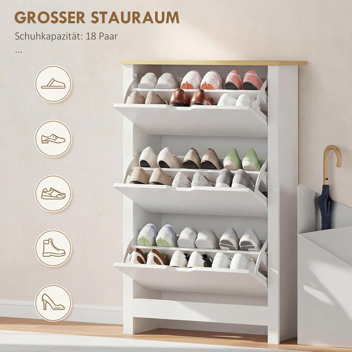 HOMCOM Schuhschrank mit 3 Klappen, Schuhregal, Schuhkipper Schmal mit verstellbar Trennwand, Schuhko