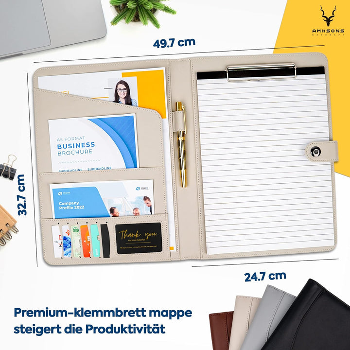 AMKSONS Schreibmappe A4 in Hell Grau inklusive Klemmbrett & DIN A4 Notizblock - Premium Konferenzmap