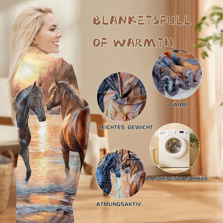 Decke pferdemotiv 130x150cm Sanft Flanell Flauschig und Warme,3D Pferdemuster Wohndecke als Sofadeck