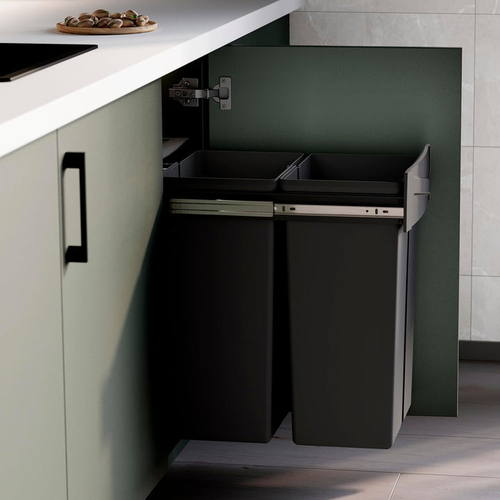 Emuca - Recycling-Behälter für die Küche, Bodenbefestigung und Handauszug, 2x25l, Kunststoff anthraz
