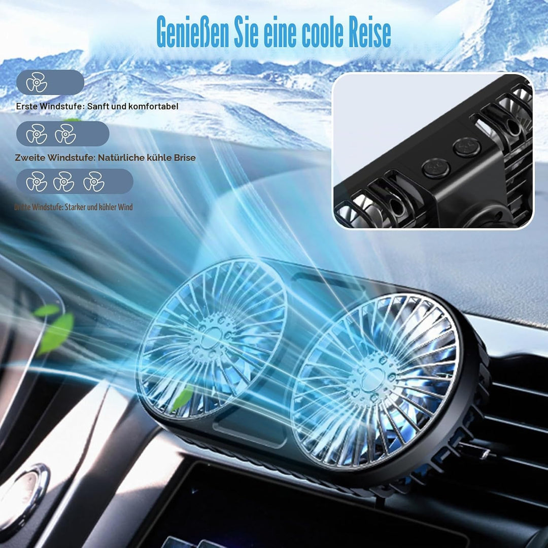 Auto Ventilator USB, Doppelköpfiger Ventilator Auto, Autoventilator mit 3 Geschwindigkeiten und Bunt