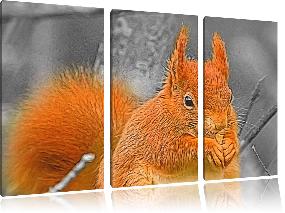 freches Eichhörnchen beim Fressen schwarz/weiss Deluxe 3-Teiler Leinwandbild 120x80 Bild auf Leinwan