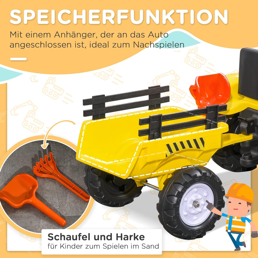 HOMCOM Trettraktor mit Anhänger Tretauto Traktor mit Anhänger ab 3 Jahre Spielzeug Kinder Gelb 133 x