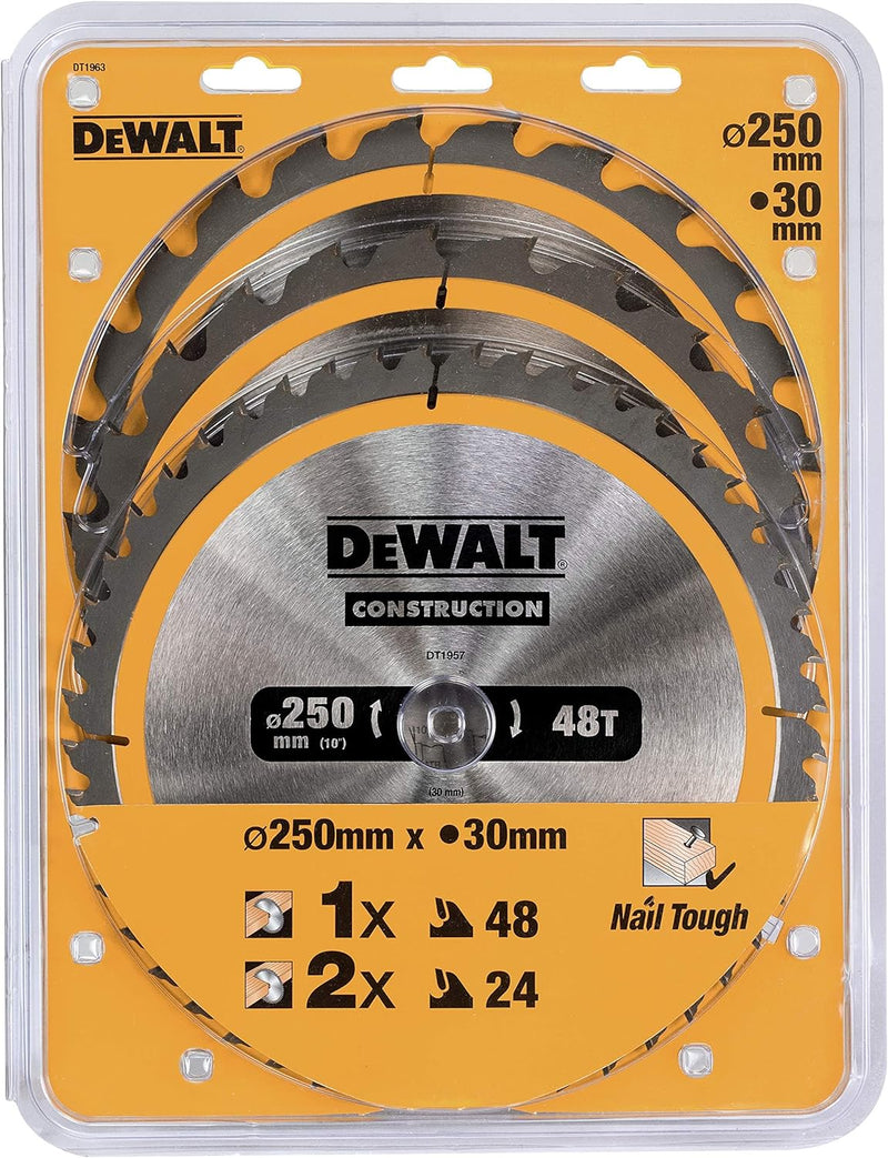 Dewalt Holz Kreissägeblatt-Set 3er Pack, DT1963, für Holz (2x 250x30x3.0 mm, 24, WZ, 10° und 1x 250x