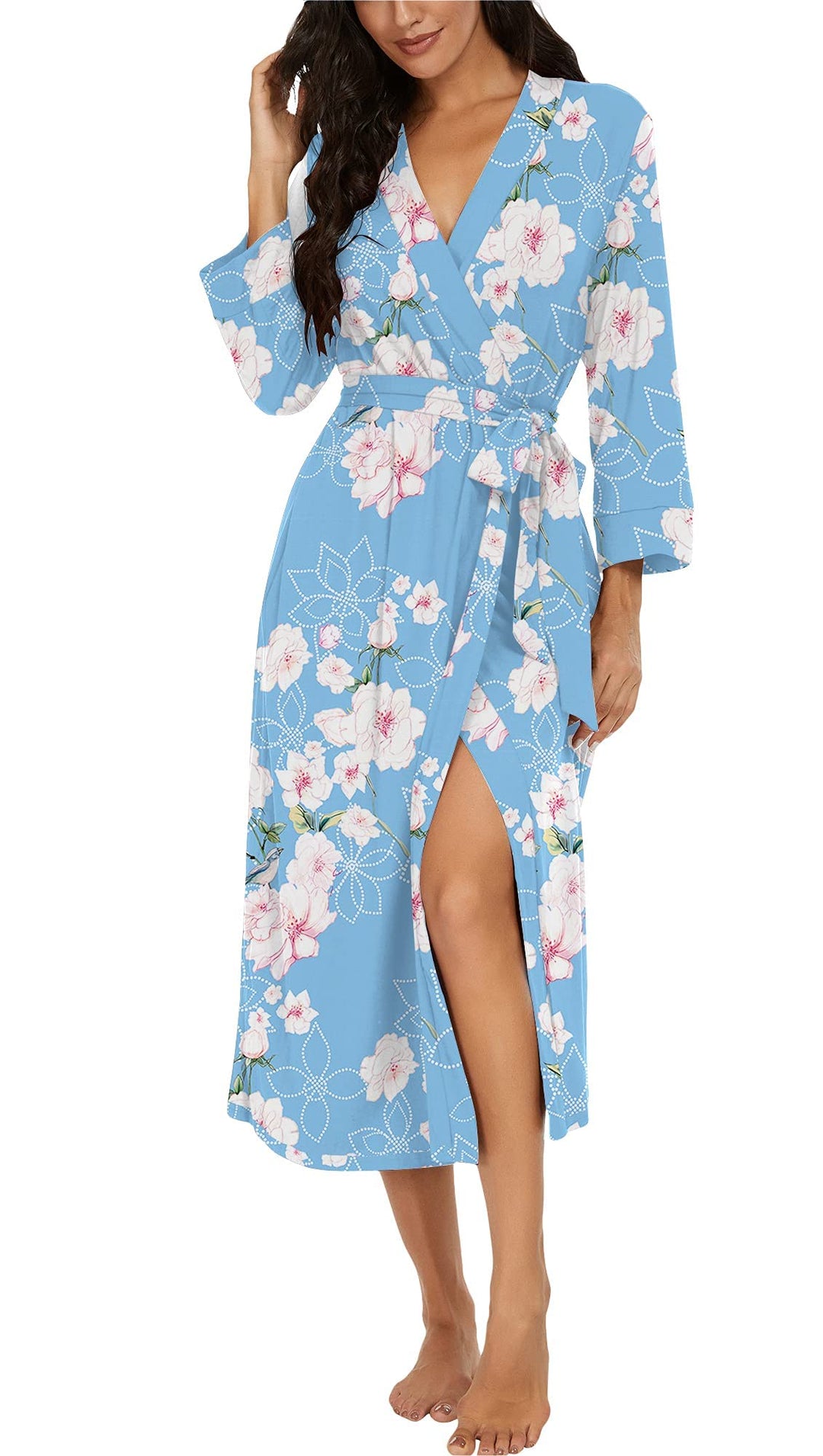 PrinStory Damen Bademantel Leichter 3/4 Ärmeln Morgenmantel V-Ausschnitt Kimono Roben Langes Nachtwä
