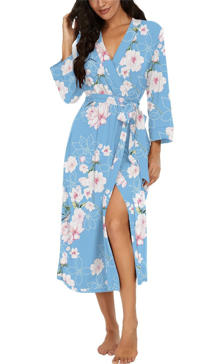 PrinStory Damen Bademantel Leichter 3/4 Ärmeln Morgenmantel V-Ausschnitt Kimono Roben Langes Nachtwä