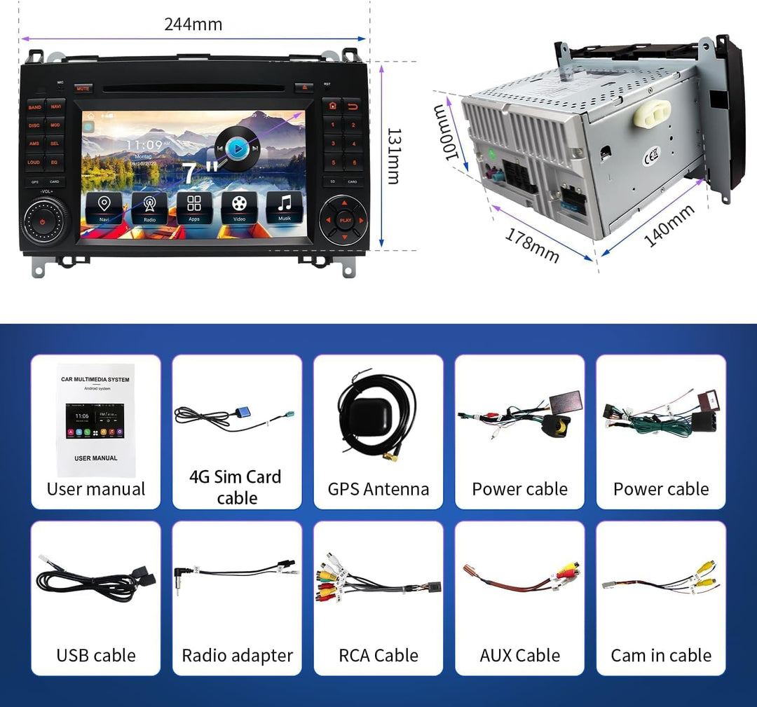 Autoradio für Mercedes Vito W639, Sprinter W906, A-Klasse W169, B-Klasse W245 – 2 DIN Radio mit CarP