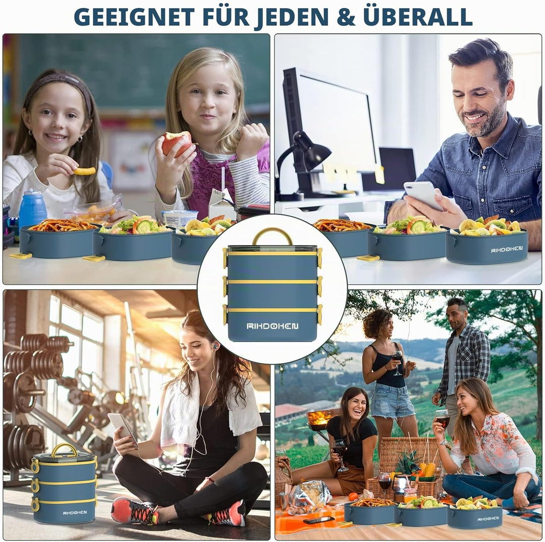 RIKDOKEN Bento Box Lunchbox, stapelbare 3-lagige Behälter, tragbare 2.6 l grosse Kapazität, auslaufs