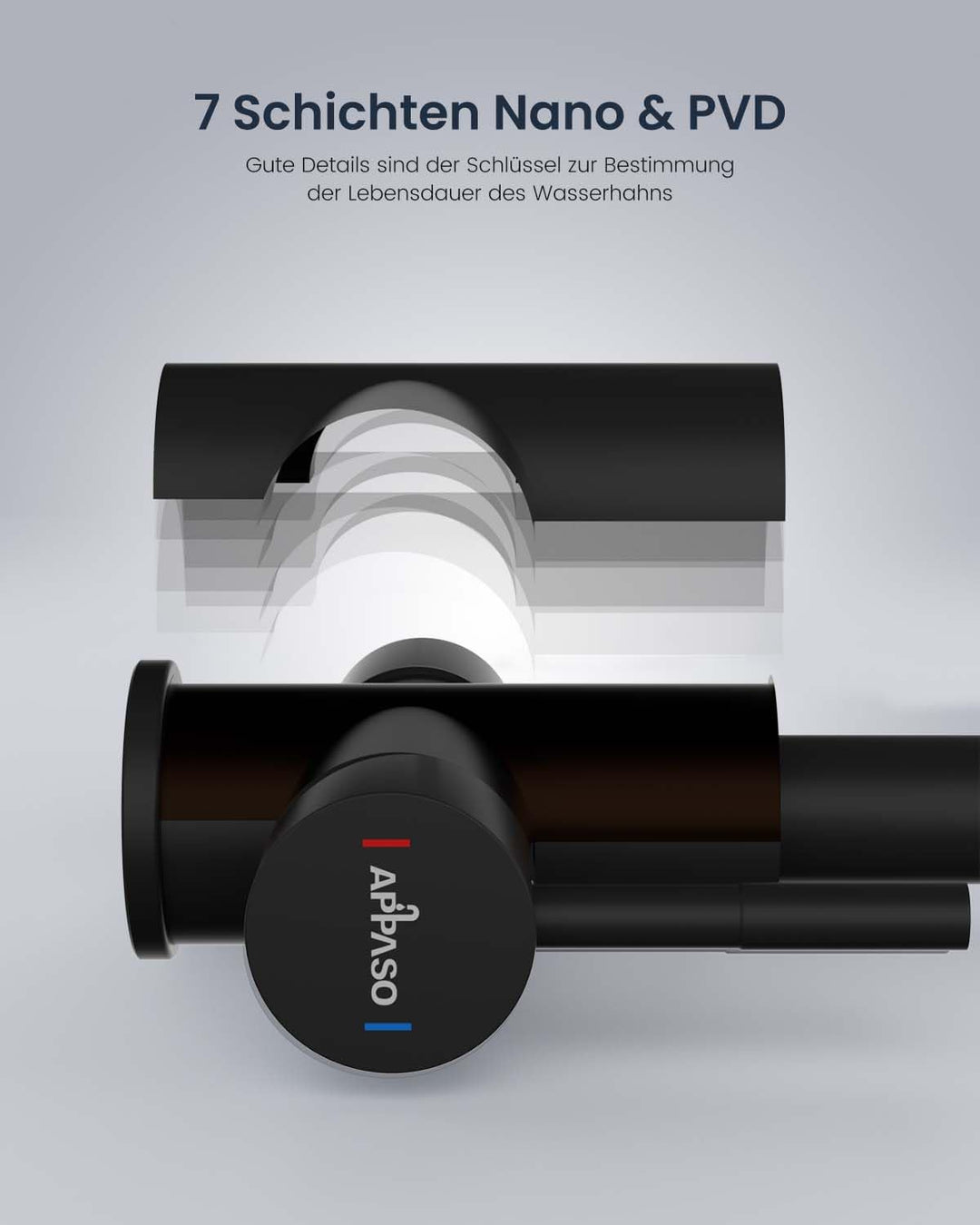 APPASO 3 Wege Wasserhahn Küche, Schwarz 3 in 1 Mischbatterie Küche für Wasserfilter, 360° Drehbar 3