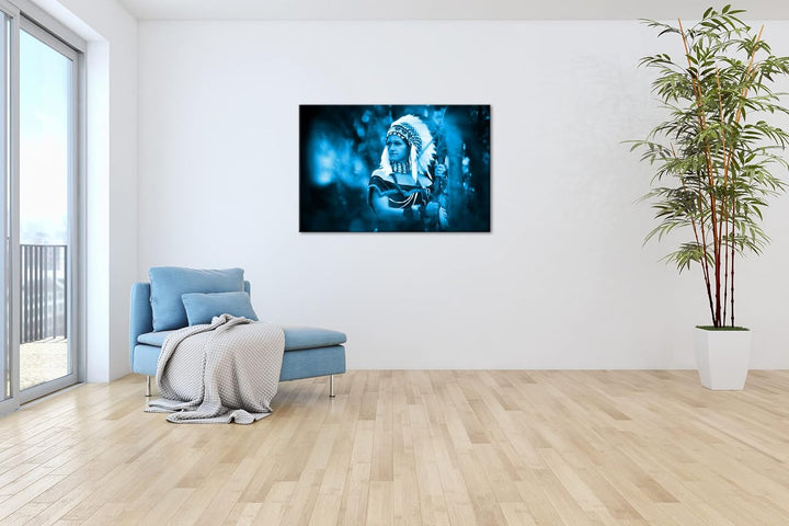deyoli stolze Indianerin Format: 80x60 Effekt: Monocrome Blau als Leinwand, Motiv fertig gerahmt auf