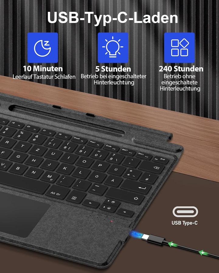 MoKo Deutsche QWERTZ Bluetooth Tastatur mit Hintergrundbeleuchtung & Touchpad für Microsoft Surface