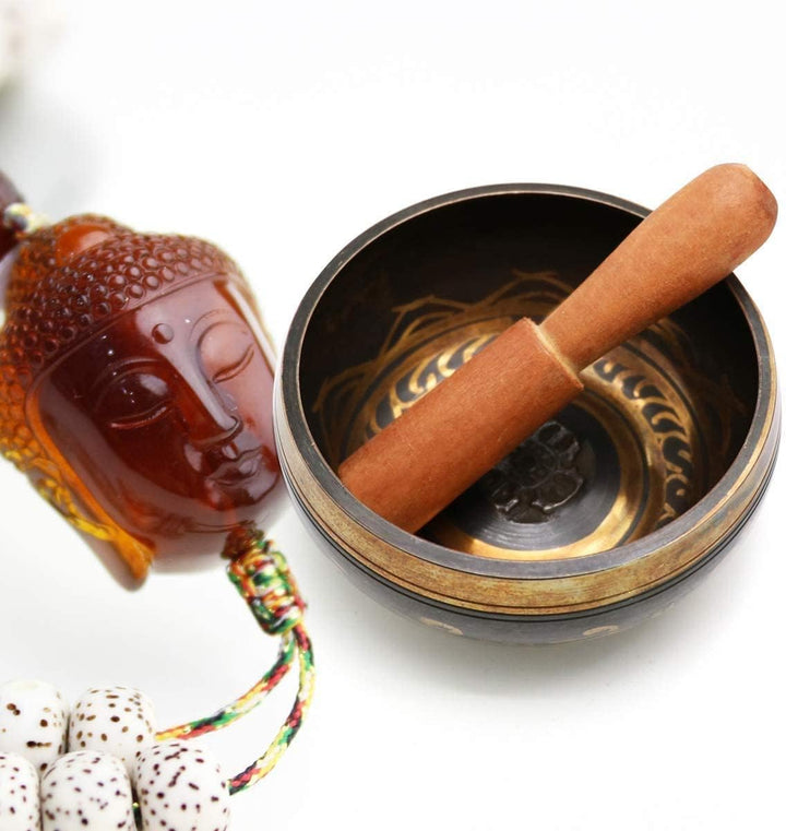Exqline Tibetische Klangschale Set, 11,5 cm Singing Bowl aus Tibet mit Holz Klöppel & Handgemachte K