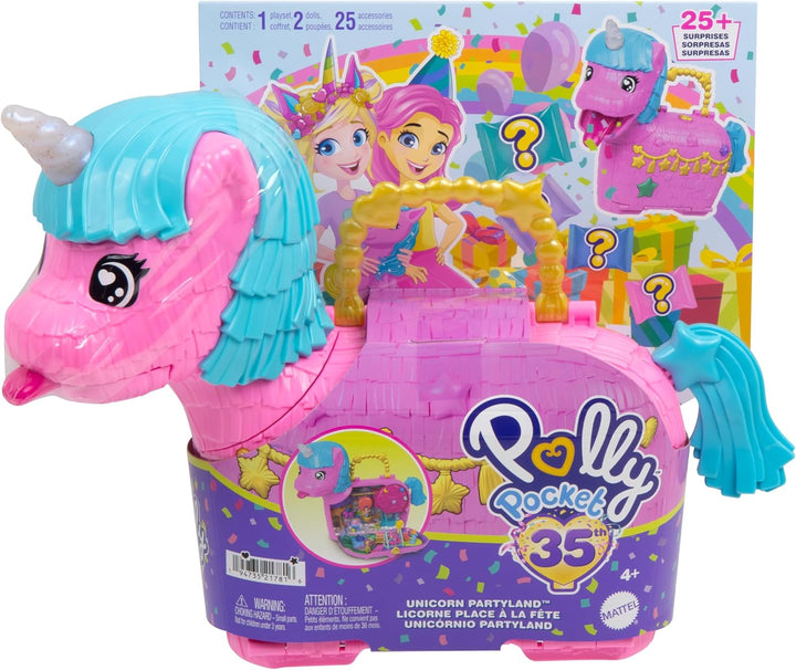 Polly Pocket Puppen und Spielset mit Tieren und über 25 Überraschungs-Accessoires, Unicorn Partyland