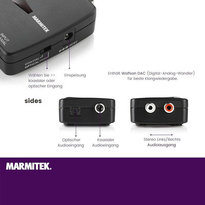 Digital Analog Wandler - Marmitek Connect DA21 - Toslink oder Koaxial zu Analog Konverter - Wolfson